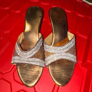 Gold Rhinestone Mesh Mule Heels Size 7 / EU 37 Evening Party Sandals